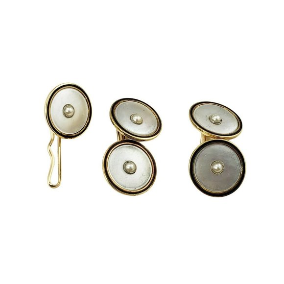 Vintage 14 Karat Yellow Gold and Mother of Pearl Cufflinks and Button #10823 - Picture 2 of 6